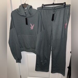NWT Playboy Pink Rhinestone Dark Grey Oversized Hoodie Wide Leg Sweatpants Set L